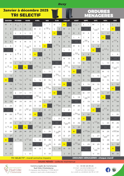 Calendrier 2025 des collectes Ordures ménagères et Tri sélectif