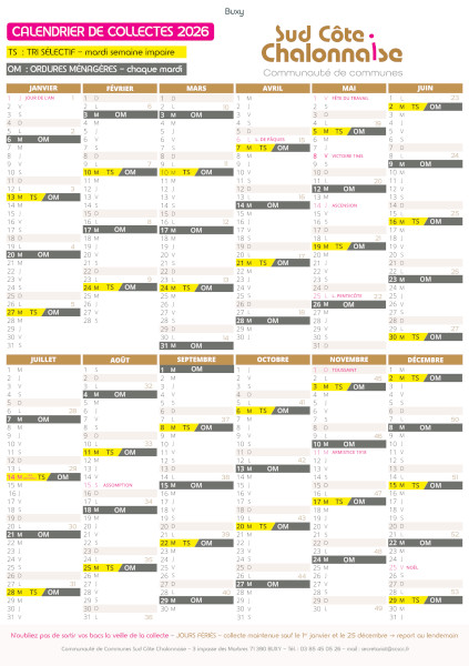Calendrier 2026 des collectes Ordures ménagères et Tri sélectif